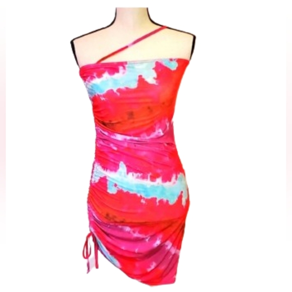 Pretty Little  Thing Dresses & Skirts - Pretty Little Thing Pink Multi Asymmetric Strap Ruched Bodycon Dress, Size 6